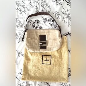Fabulous FENDI Beige Logo Zucca Monogram Canvas Leather Trim Baguette Authentic